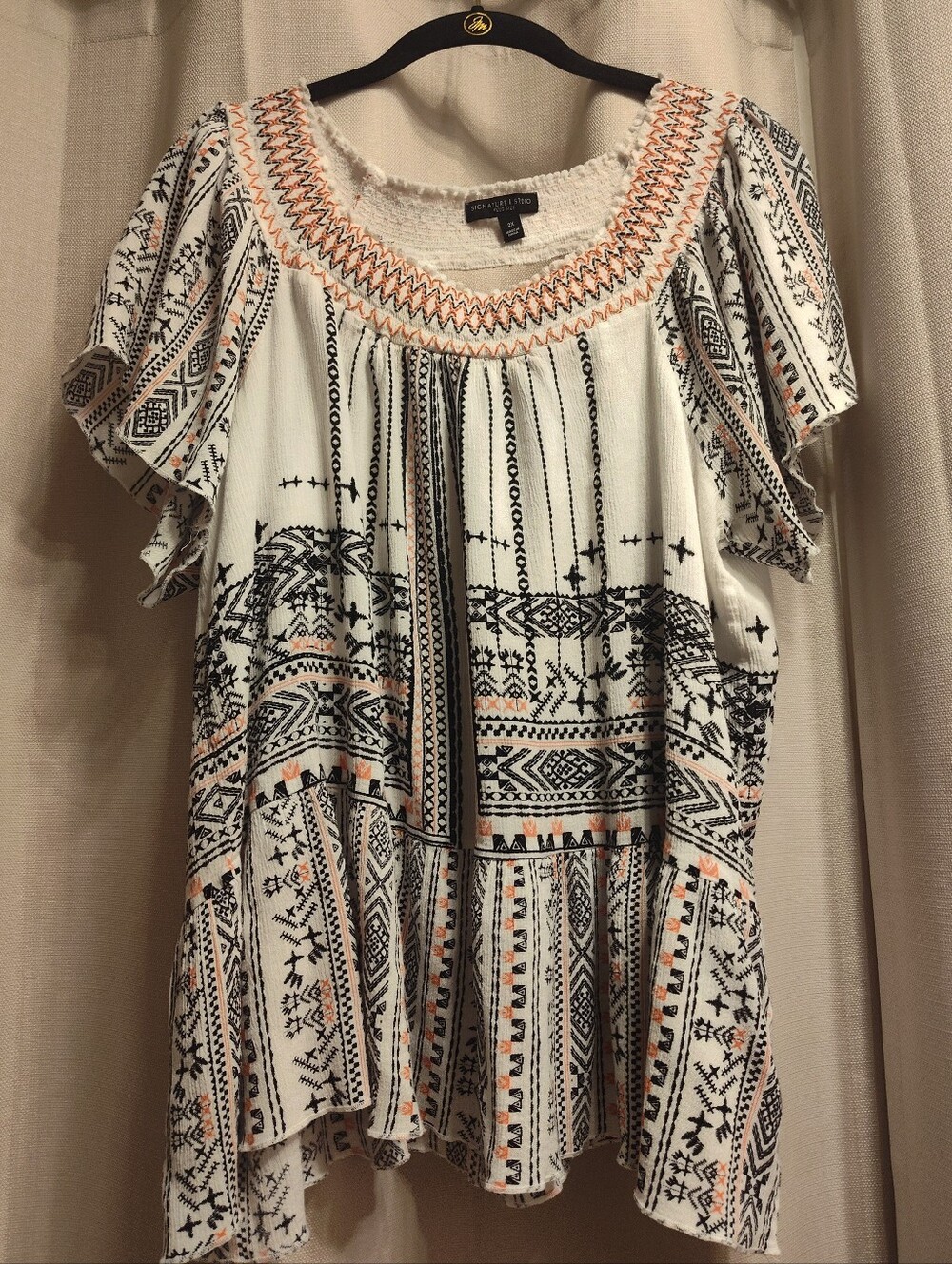Signature Studio White Peasant Tunic with Black and Peach Embroidery